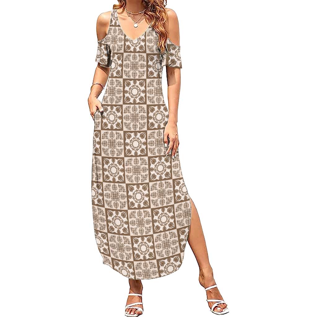 Beige Palaka Quilt Hawaii Summer Maxi Dress Hawaiian Tropical Monstera Sea Turtle
