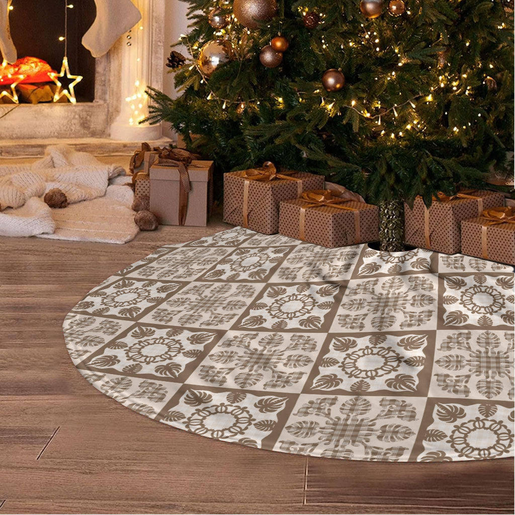 Beige Palaka Quilt Hawaii Tree Skirt Hawaiian Tropical Monstera Sea Turtle LT14 - Polynesian Pride