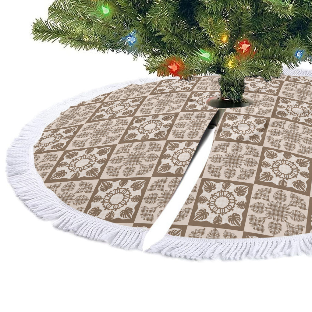 Beige Palaka Quilt Hawaii Tree Skirt Hawaiian Tropical Monstera Sea Turtle LT14 - Polynesian Pride