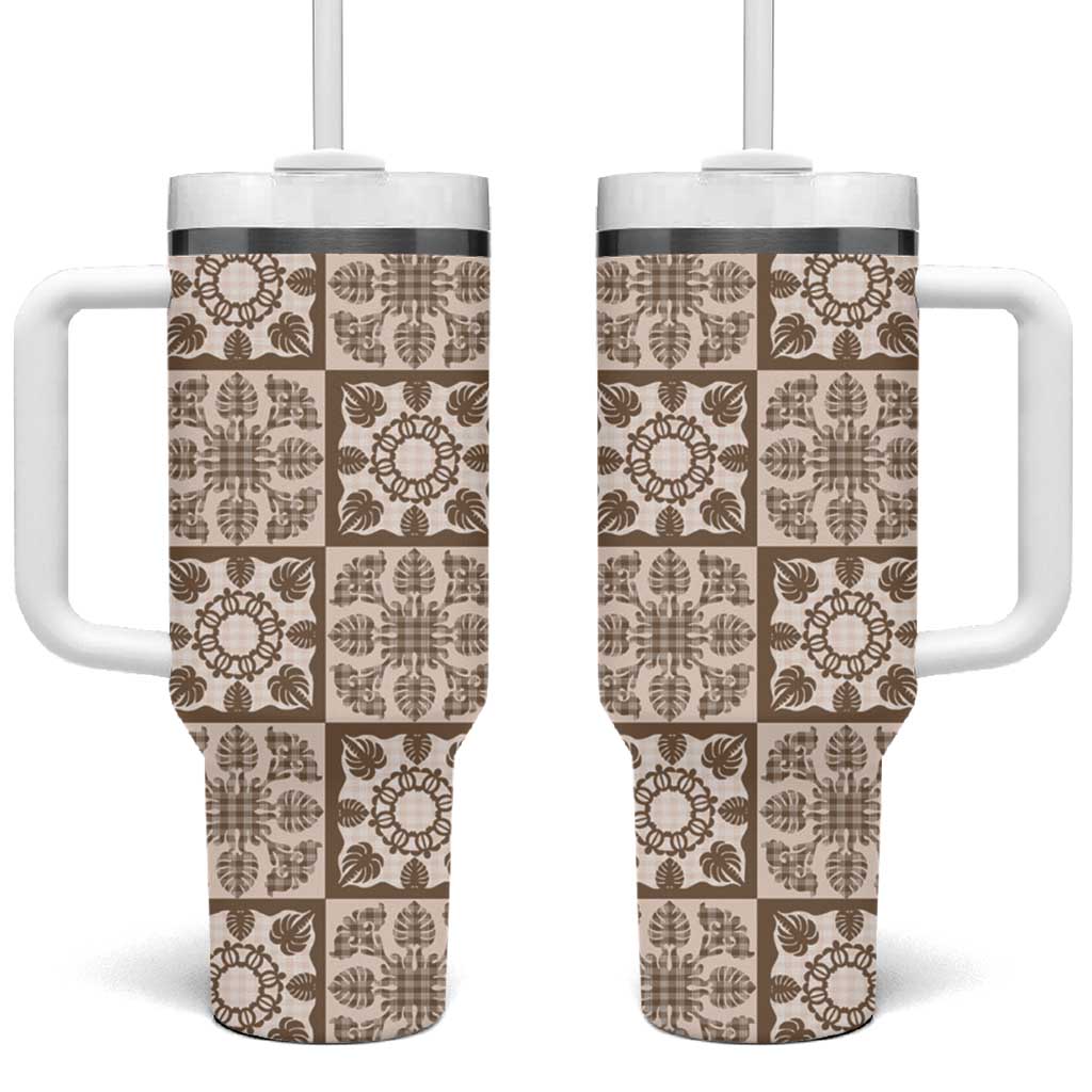 Beige Palaka Quilt Hawaii Tumbler With Handle Hawaiian Tropical Monstera Sea Turtle