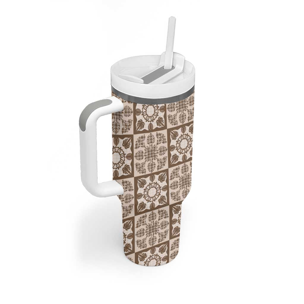 Beige Palaka Quilt Hawaii Tumbler With Handle Hawaiian Tropical Monstera Sea Turtle