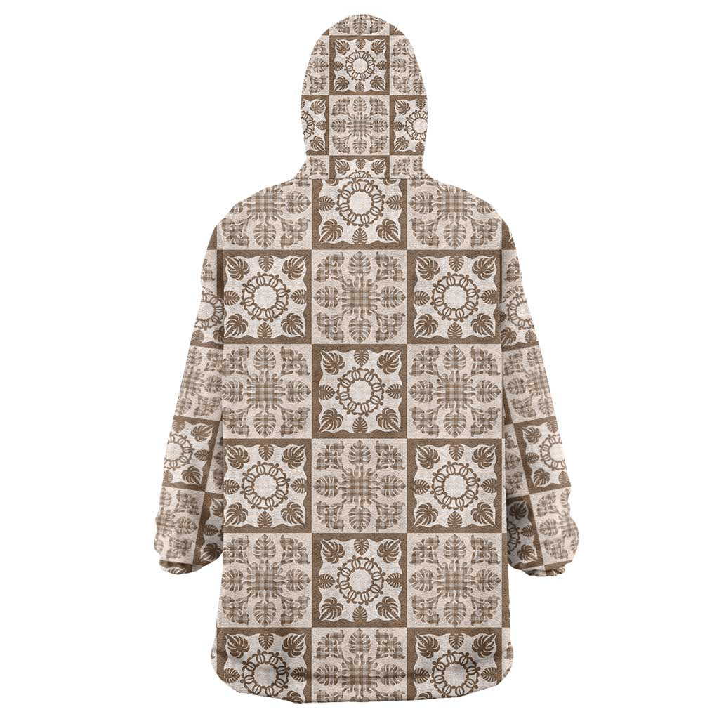 Beige Palaka Quilt Hawaii Wearable Blanket Hoodie Hawaiian Tropical Monstera Sea Turtle