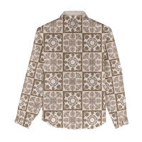 Beige Palaka Quilt Hawaii Women Casual Shirt Hawaiian Tropical Monstera Sea Turtle