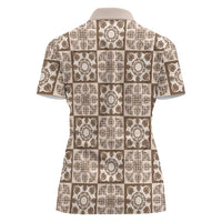 Beige Palaka Quilt Hawaii Women Polo Shirt Hawaiian Tropical Monstera Sea Turtle