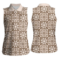 Beige Palaka Quilt Hawaii Women Sleeveless Polo Shirt Hawaiian Tropical Monstera Sea Turtle LT14 - Polynesian Pride