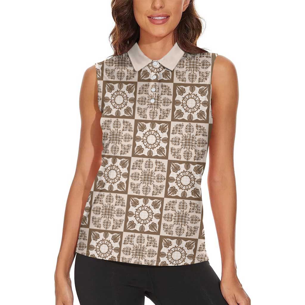 Beige Palaka Quilt Hawaii Women Sleeveless Polo Shirt Hawaiian Tropical Monstera Sea Turtle LT14 - Polynesian Pride