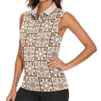 Beige Palaka Quilt Hawaii Women Sleeveless Polo Shirt Hawaiian Tropical Monstera Sea Turtle LT14 - Polynesian Pride