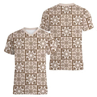 Beige Palaka Quilt Hawaii Women V-Neck T-Shirt Hawaiian Tropical Monstera Sea Turtle