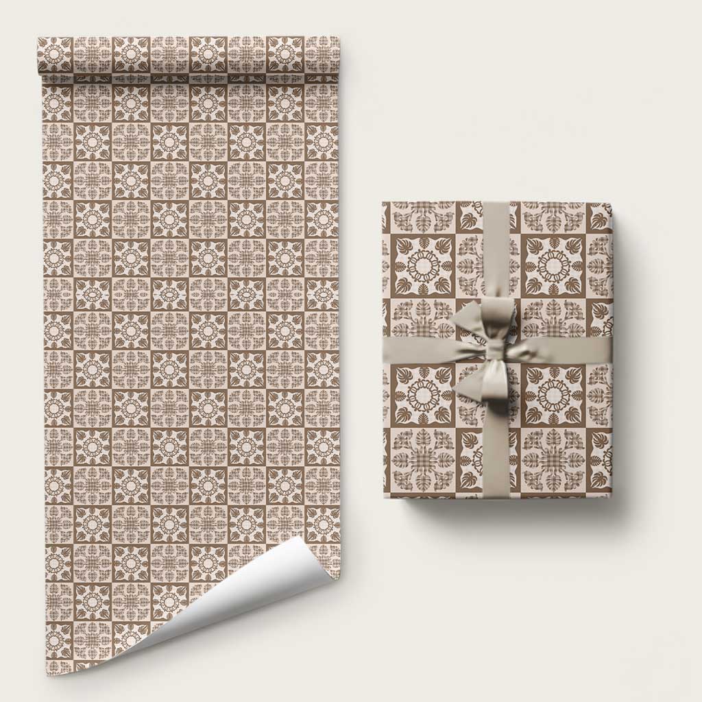Beige Palaka Quilt Hawaii Wrapping Paper Hawaiian Tropical Monstera Sea Turtle