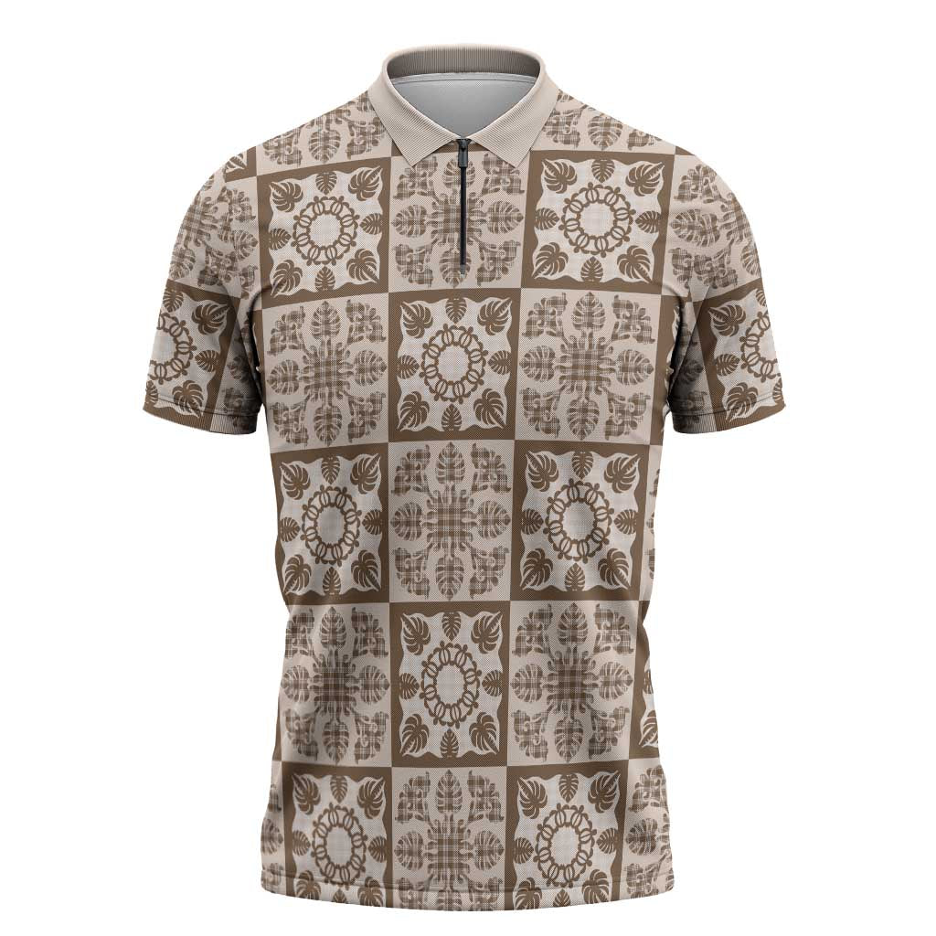 Beige Palaka Quilt Hawaii Zipper Polo Shirt Hawaiian Tropical Monstera Sea Turtle