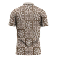 Beige Palaka Quilt Hawaii Zipper Polo Shirt Hawaiian Tropical Monstera Sea Turtle