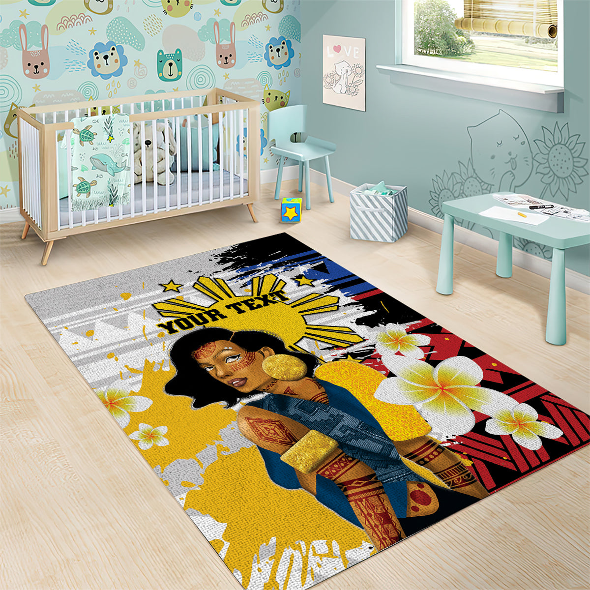 Personalised Philippines Women's Day Area Rug Filipino Golden Sun With Polynesian Pattern