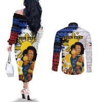 Personalised Philippines Women's Day Couples Matching Off The Shoulder Long Sleeve Dress and Long Sleeve Button Shirt Filipino Golden Sun With Polynesian Pattern LT14 - Polynesian Pride