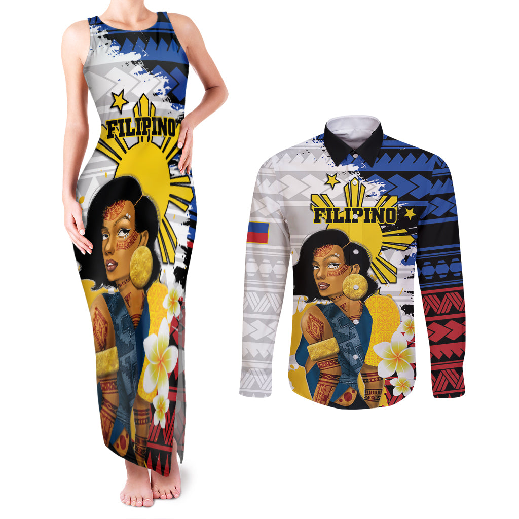 Personalised Philippines Women's Day Couples Matching Tank Maxi Dress and Long Sleeve Button Shirt Filipino Golden Sun With Polynesian Pattern LT14 Red - Polynesian Pride