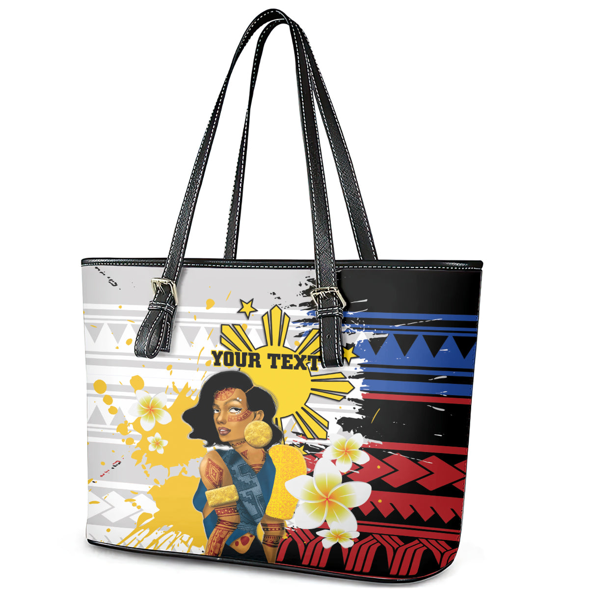 Personalised Philippines Women's Day Leather Tote Bag Filipino Golden Sun With Polynesian Pattern
