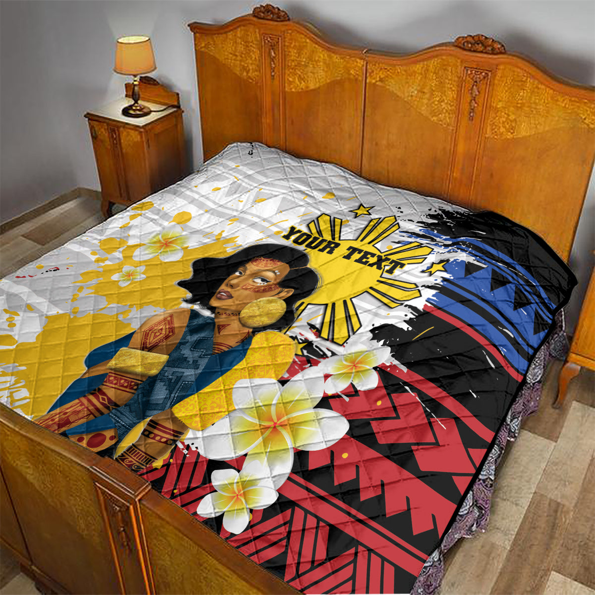 Personalised Philippines Women's Day Quilt Filipino Golden Sun With Polynesian Pattern