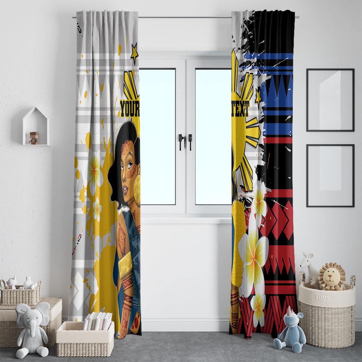 Personalised Philippines Women's Day Window Curtain Filipino Golden Sun With Polynesian Pattern