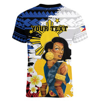 Personalised Philippines Women's Day Women V Neck T Shirt Filipino Golden Sun With Polynesian Pattern LT14 - Polynesian Pride