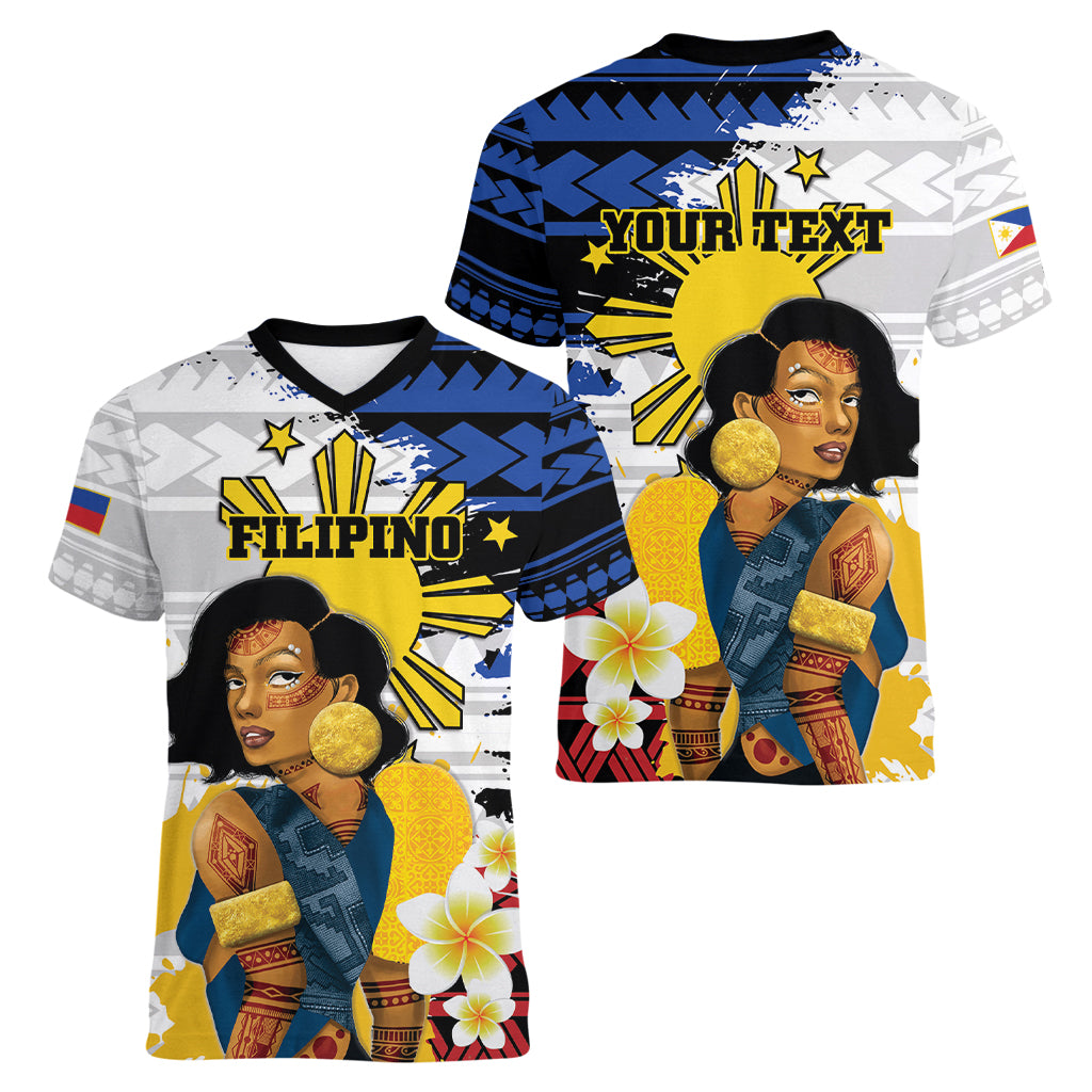 Personalised Philippines Women's Day Women V Neck T Shirt Filipino Golden Sun With Polynesian Pattern LT14 - Polynesian Pride