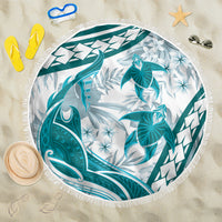 Cyan Polynesia Beach Blanket Polynesian Turtle Shark Tattoo Tropical Vintage