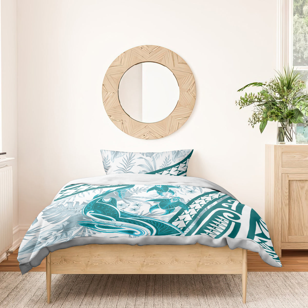 Cyan Polynesia Bedding Set Polynesian Turtle Shark Tattoo Tropical Vintage