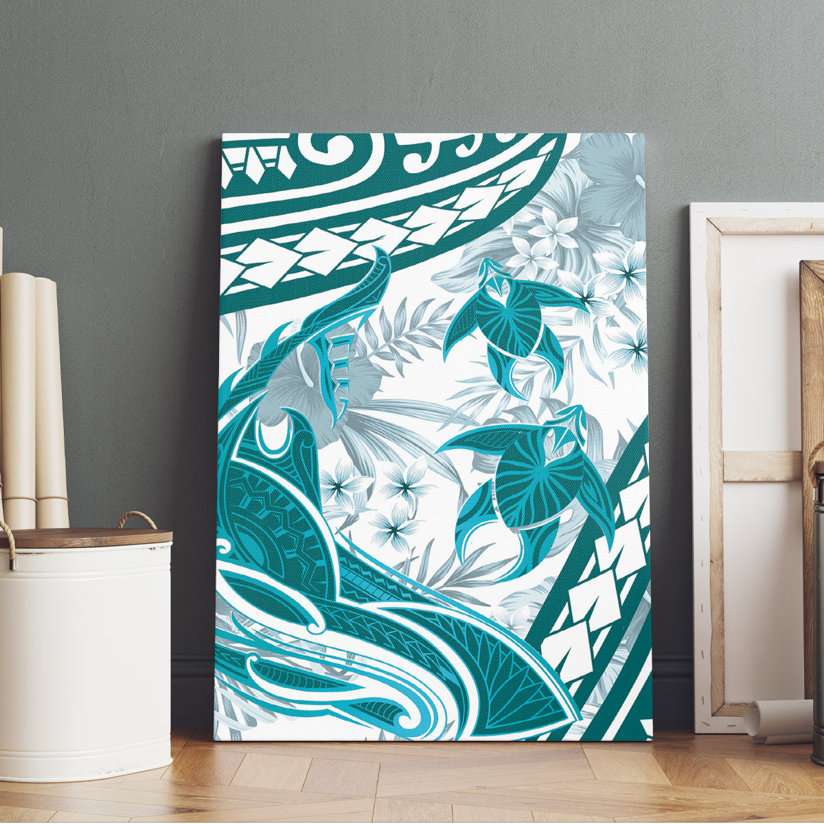 Cyan Polynesia Canvas Wall Art Polynesian Turtle Shark Tattoo Tropical Vintage