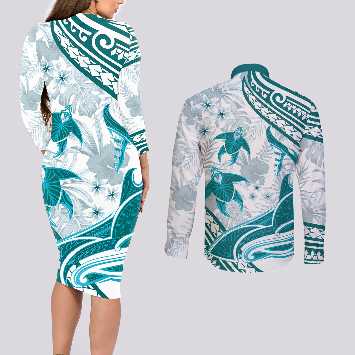 Cyan Polynesia Couples Matching Long Sleeve Bodycon Dress and Long Sleeve Button Shirt Polynesian Turtle Shark Tattoo Tropical Vintage LT14 - Polynesian Pride