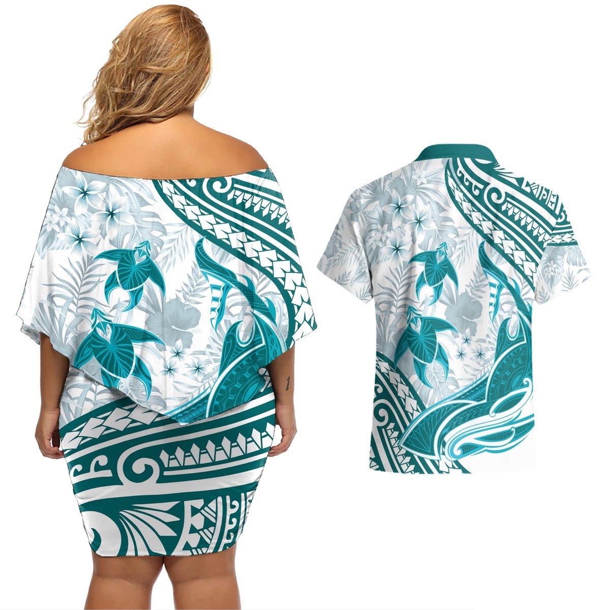 Cyan Polynesia Couples Matching Off Shoulder Short Dress and Hawaiian Shirt Polynesian Turtle Shark Tattoo Tropical Vintage LT14 - Polynesian Pride