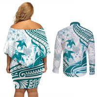 Cyan Polynesia Couples Matching Off Shoulder Short Dress and Long Sleeve Button Shirt Polynesian Turtle Shark Tattoo Tropical Vintage LT14 - Polynesian Pride