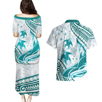 Cyan Polynesia Couples Matching Puletasi and Hawaiian Shirt Polynesian Turtle Shark Tattoo Tropical Vintage LT14 - Polynesian Pride