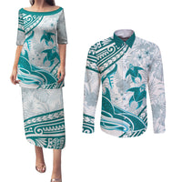 Cyan Polynesia Couples Matching Puletasi and Long Sleeve Button Shirt Polynesian Turtle Shark Tattoo Tropical Vintage LT14 Cyan - Polynesian Pride