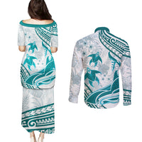 Cyan Polynesia Couples Matching Puletasi and Long Sleeve Button Shirt Polynesian Turtle Shark Tattoo Tropical Vintage LT14 - Polynesian Pride
