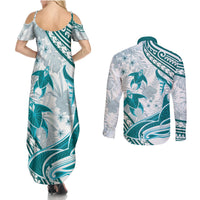 Cyan Polynesia Couples Matching Summer Maxi Dress and Long Sleeve Button Shirt Polynesian Turtle Shark Tattoo Tropical Vintage LT14 - Polynesian Pride