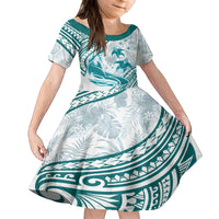 Cyan Polynesia Family Matching Long Sleeve Bodycon Dress and Hawaiian Shirt Polynesian Turtle Shark Tattoo Tropical Vintage LT14 Daughter's Dress Cyan - Polynesian Pride