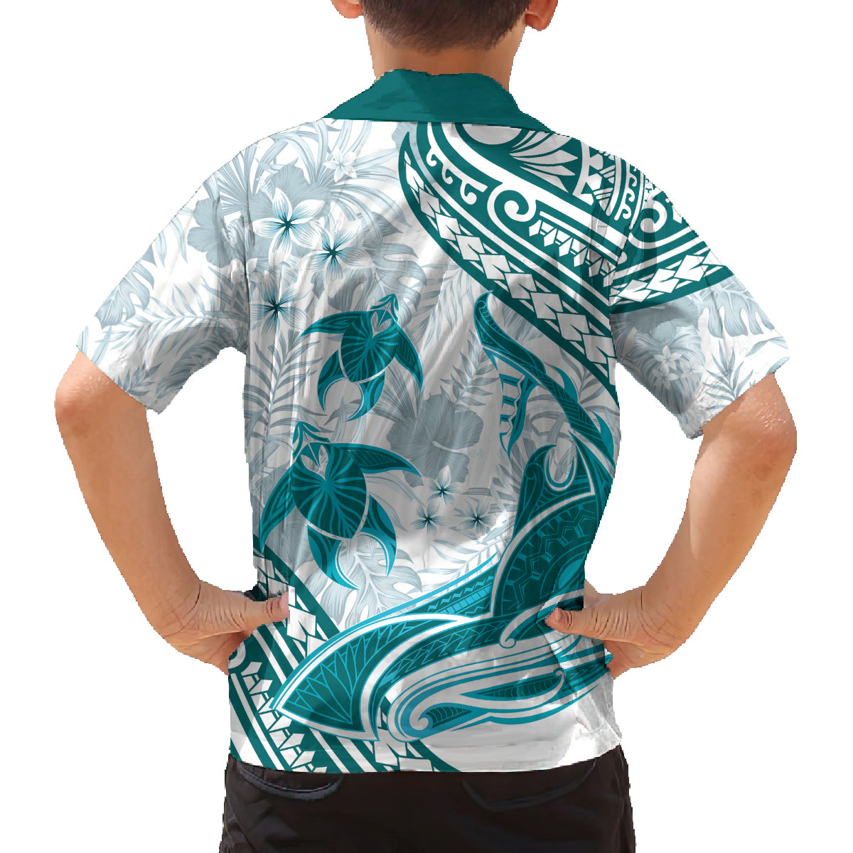 Cyan Polynesia Family Matching Off Shoulder Long Sleeve Dress and Hawaiian Shirt Polynesian Turtle Shark Tattoo Tropical Vintage LT14 - Polynesian Pride