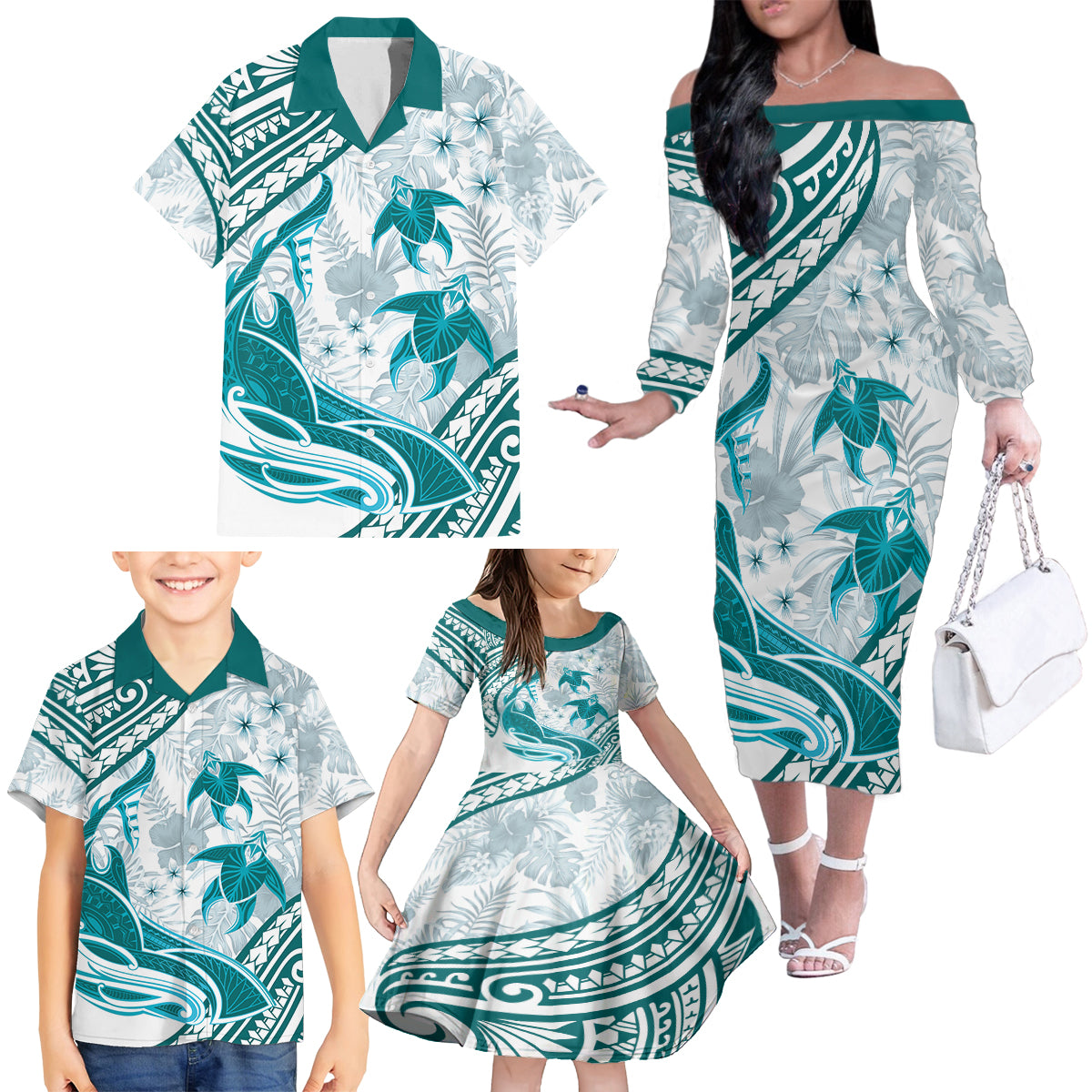 Cyan Polynesia Family Matching Off Shoulder Long Sleeve Dress and Hawaiian Shirt Polynesian Turtle Shark Tattoo Tropical Vintage LT14 - Polynesian Pride