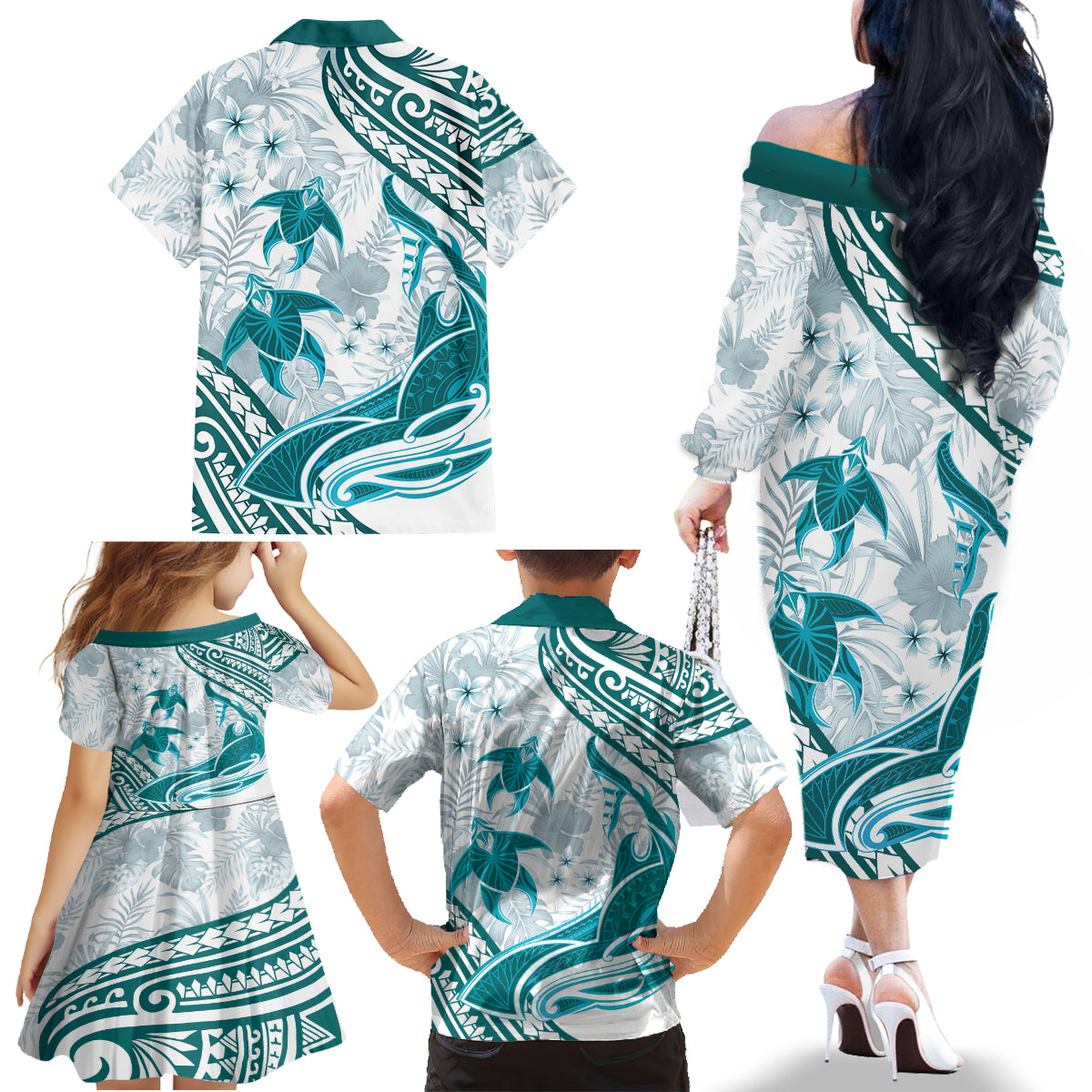 Cyan Polynesia Family Matching Off Shoulder Long Sleeve Dress and Hawaiian Shirt Polynesian Turtle Shark Tattoo Tropical Vintage LT14 - Polynesian Pride