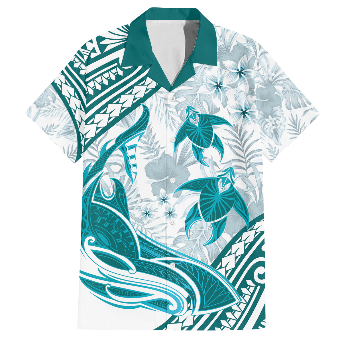 Cyan Polynesia Family Matching Off Shoulder Short Dress and Hawaiian Shirt Polynesian Turtle Shark Tattoo Tropical Vintage LT14 Dad's Shirt - Short Sleeve Cyan - Polynesian Pride