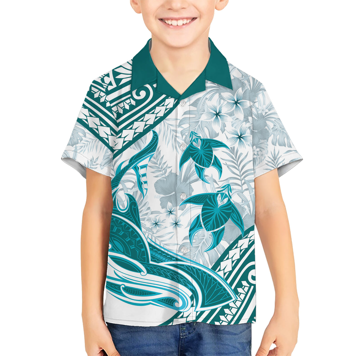 Cyan Polynesia Family Matching Short Sleeve Bodycon Dress and Hawaiian Shirt Polynesian Turtle Shark Tattoo Tropical Vintage LT14 Son's Shirt Cyan - Polynesian Pride