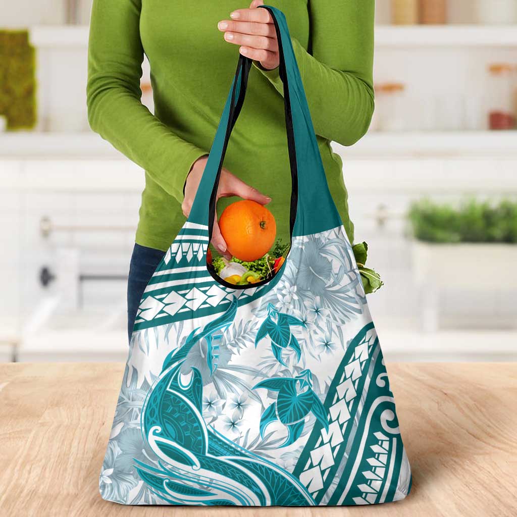 Cyan Polynesia Grocery Bag Polynesian Turtle Shark Tattoo Tropical Vintage