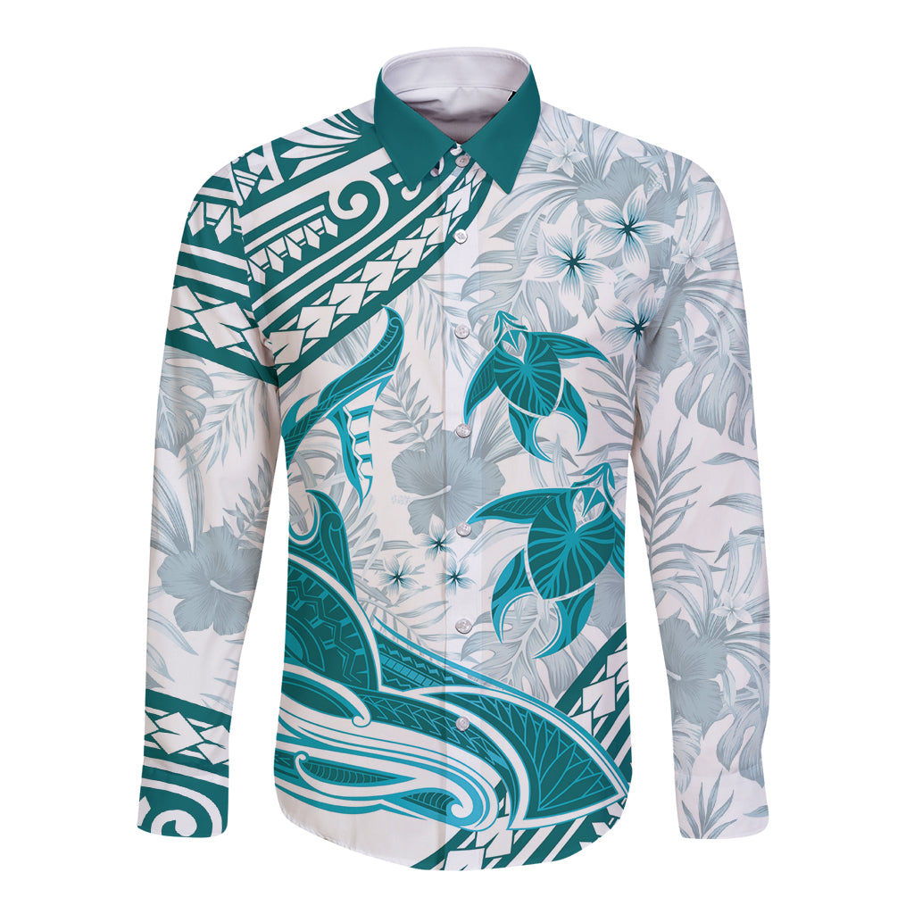 Cyan Polynesia Long Sleeve Button Shirt Polynesian Turtle Shark Tattoo Tropical Vintage LT14 Unisex Cyan - Polynesian Pride