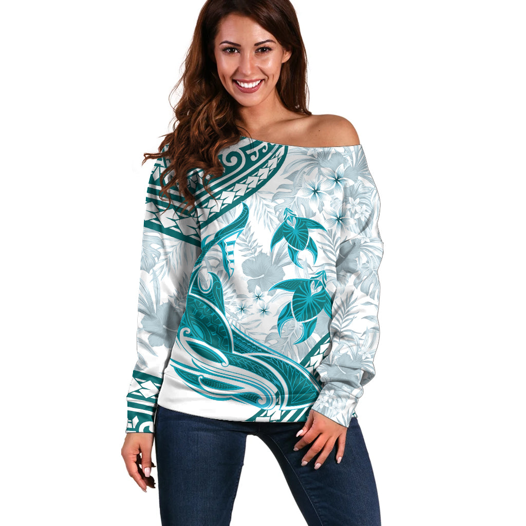 Cyan Polynesia Off Shoulder Sweater Polynesian Turtle Shark Tattoo Tropical Vintage LT14 Women Cyan - Polynesian Pride