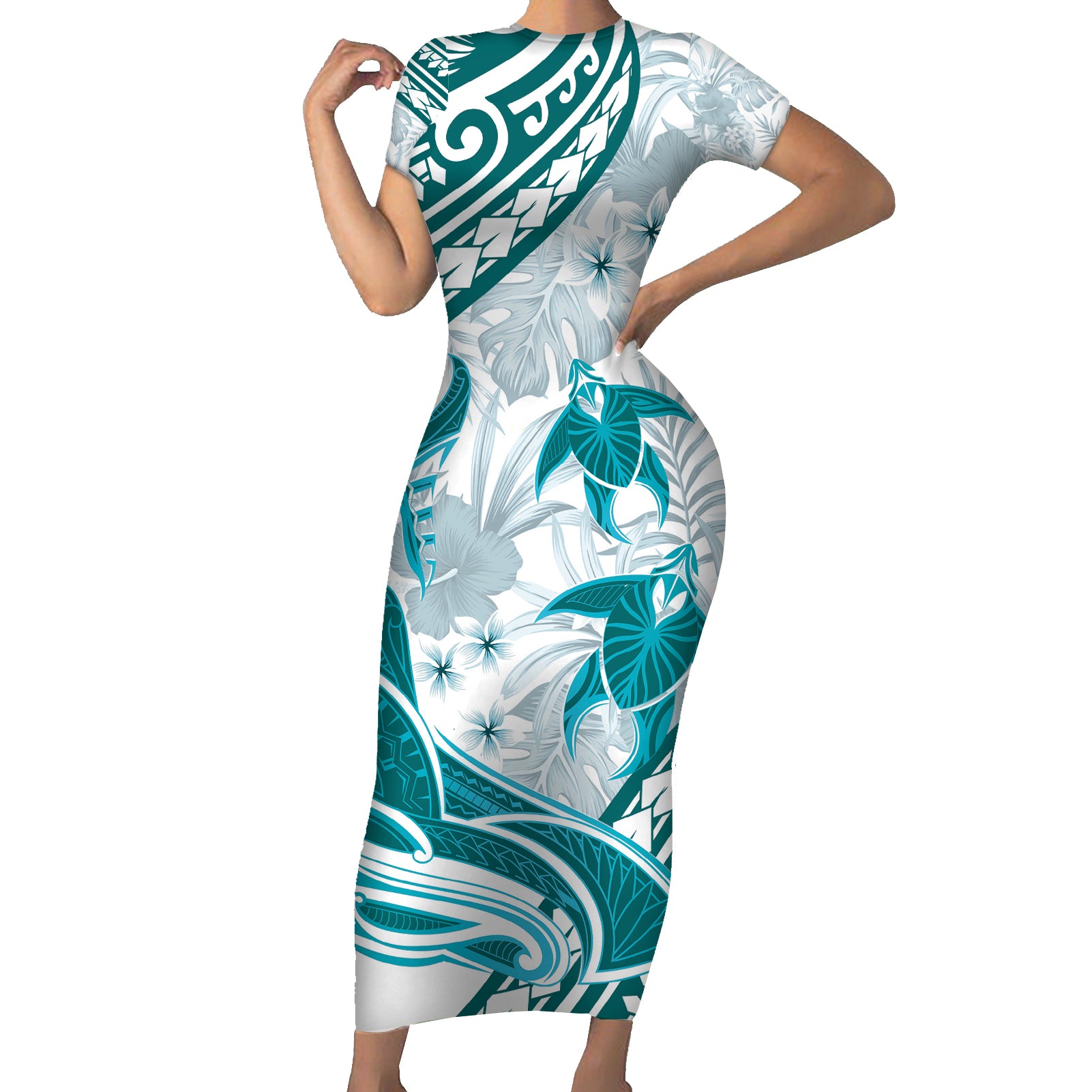 Cyan Polynesia Short Sleeve Bodycon Dress Polynesian Turtle Shark Tattoo Tropical Vintage LT14 Long Dress Cyan - Polynesian Pride