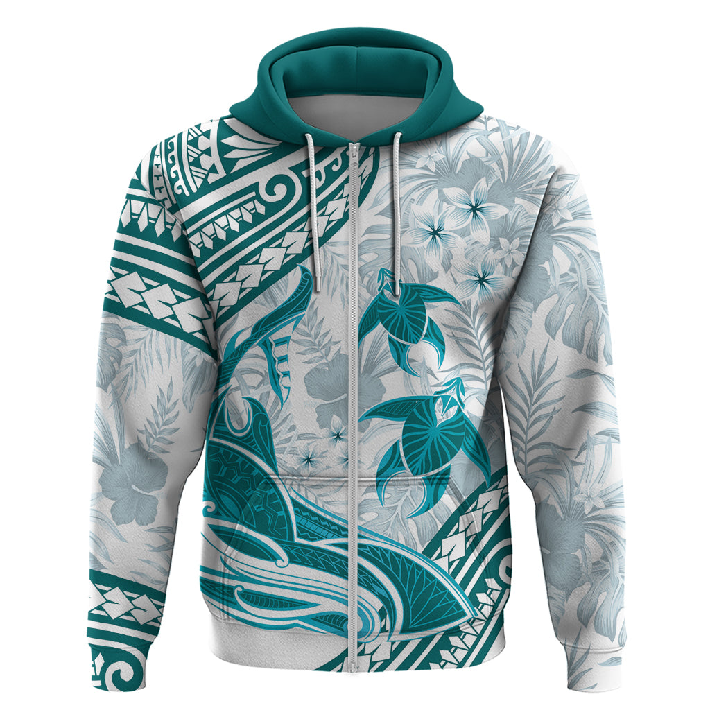 Cyan Polynesia Zip Hoodie Polynesian Turtle Shark Tattoo Tropical Vintage LT14 Zip Hoodie Cyan - Polynesian Pride