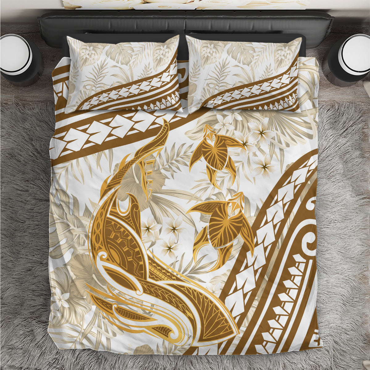 Gold Polynesia Bedding Set Polynesian Turtle Shark Tattoo Tropical Vintage