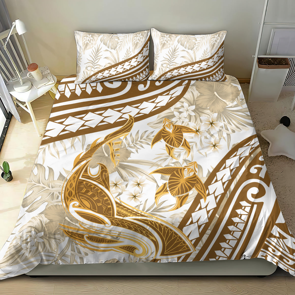 Gold Polynesia Bedding Set Polynesian Turtle Shark Tattoo Tropical Vintage