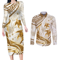 Gold Polynesia Couples Matching Long Sleeve Bodycon Dress and Long Sleeve Button Shirt Polynesian Turtle Shark Tattoo Tropical Vintage LT14 Gold - Polynesian Pride