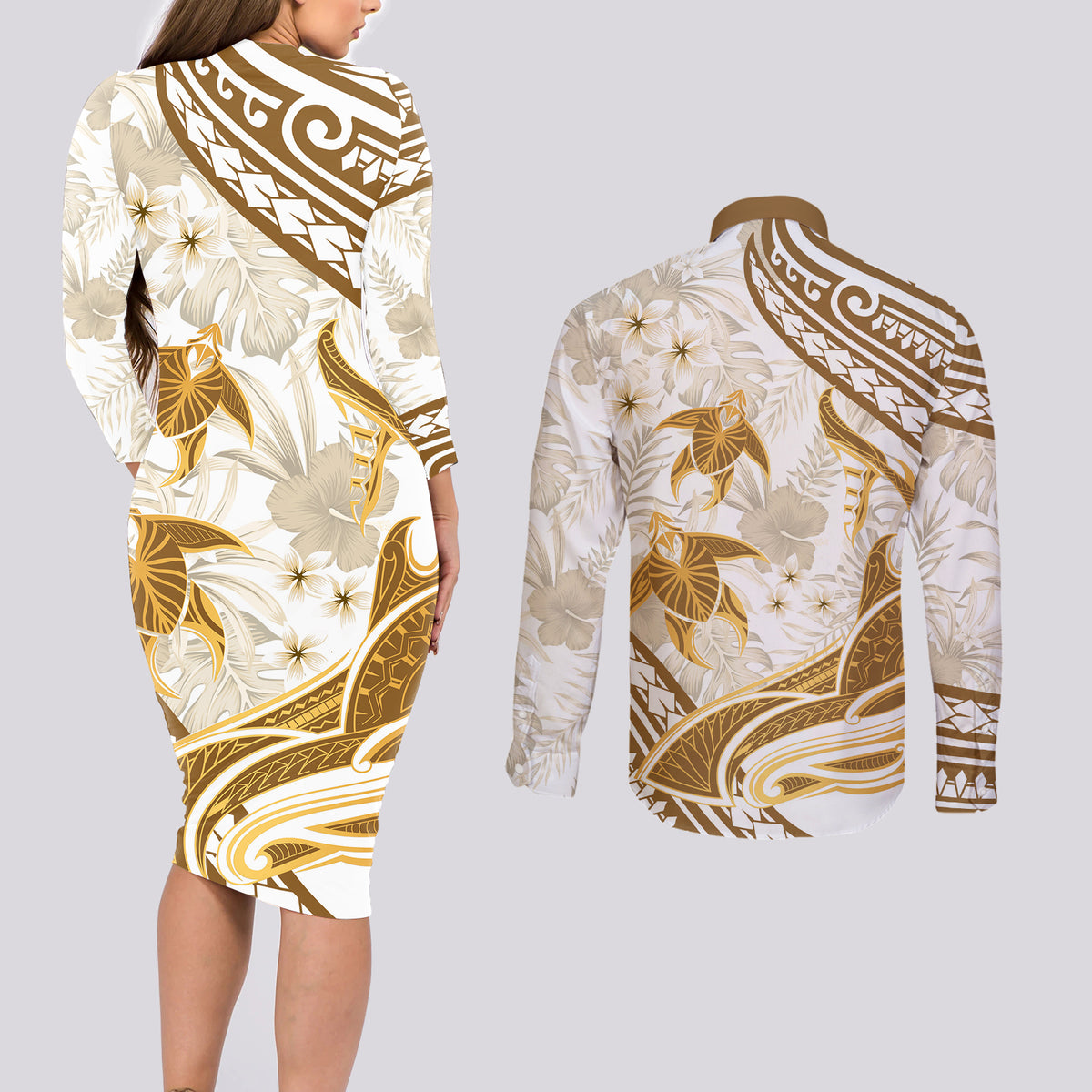 Gold Polynesia Couples Matching Long Sleeve Bodycon Dress and Long Sleeve Button Shirt Polynesian Turtle Shark Tattoo Tropical Vintage LT14 - Polynesian Pride