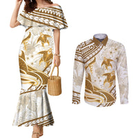 Gold Polynesia Couples Matching Mermaid Dress and Long Sleeve Button Shirt Polynesian Turtle Shark Tattoo Tropical Vintage LT14 Gold - Polynesian Pride