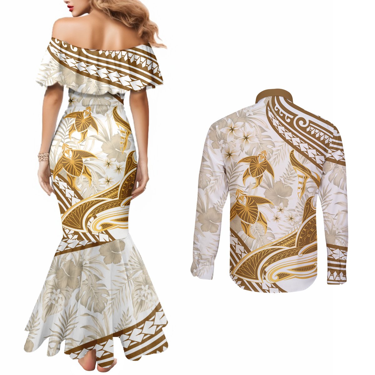 Gold Polynesia Couples Matching Mermaid Dress and Long Sleeve Button Shirt Polynesian Turtle Shark Tattoo Tropical Vintage LT14 - Polynesian Pride